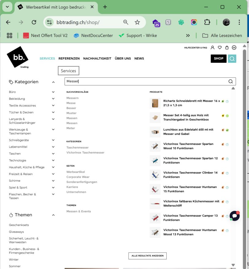 Next AG - Neben Produkten werden auch passende Kategorien, CMS-Seiten und Blog-Themen vorgeschlagen